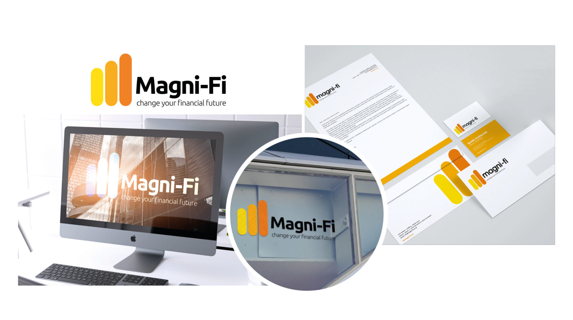 Magni-Fi corporate identity and web and digital design by berge farrell deisng. mock-ups on computer, letterhead and building