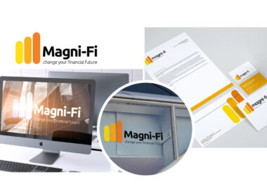 Magni-Fi corporate identity and web and digital design by berge farrell deisng. mock-ups on computer, letterhead and building